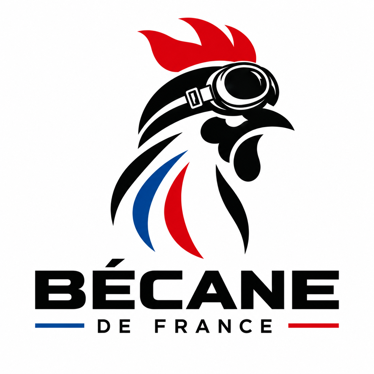 Le coq Bécane de France, avec ses lunettes de moto et ses plumes bleu-blanc-rouge